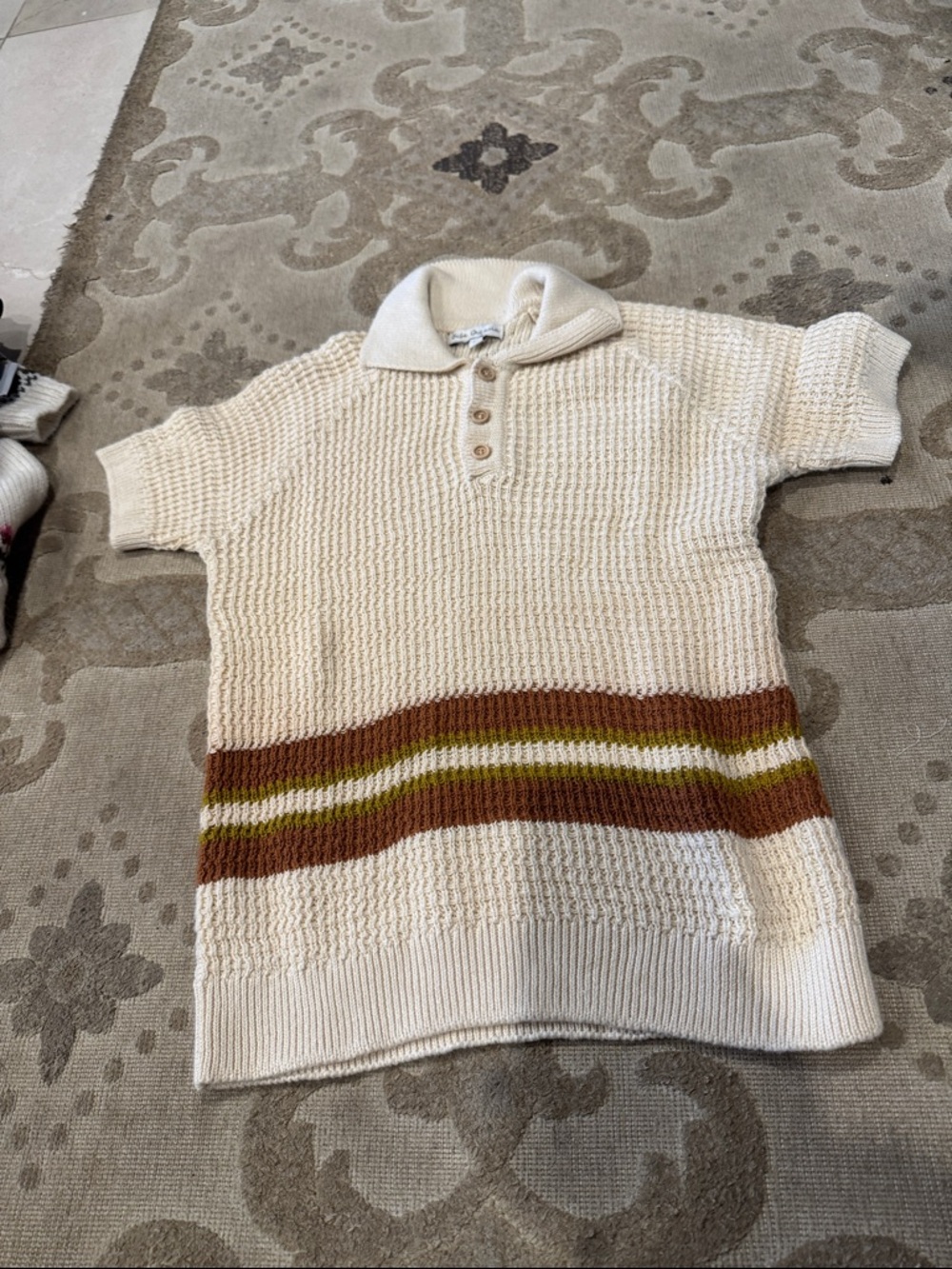Cream Knit Polo Sweater with Brown and Olive Stripe for Kids